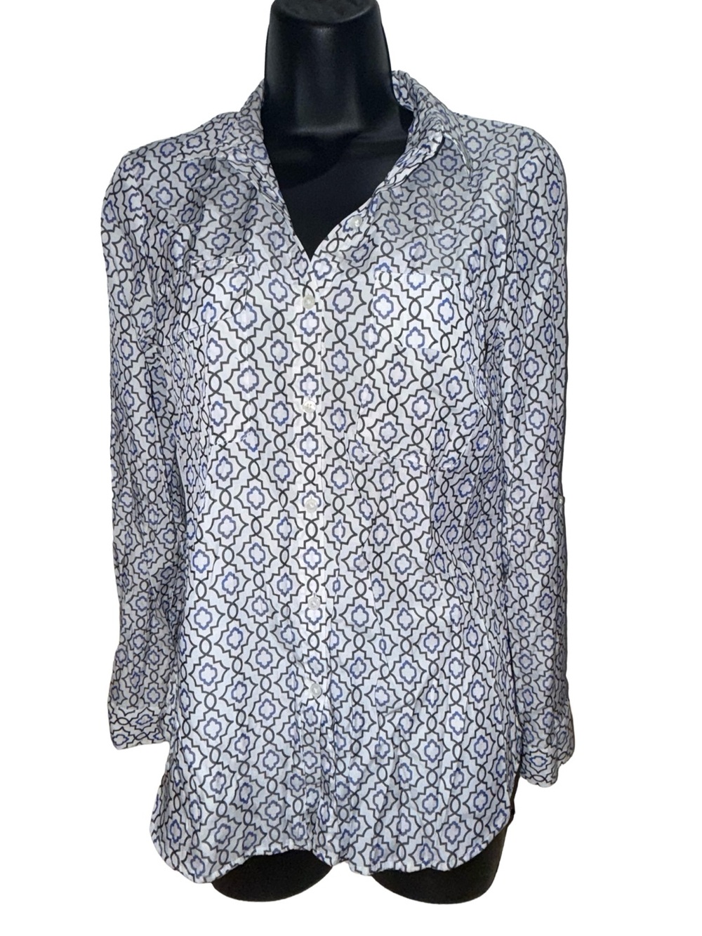 Express Blue and White Geometric Button-Down Shirt